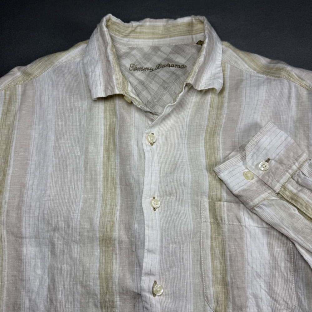 Tommy Bahama Mens Button Down Shirt Medium Beige White Striped 100% Linen LS